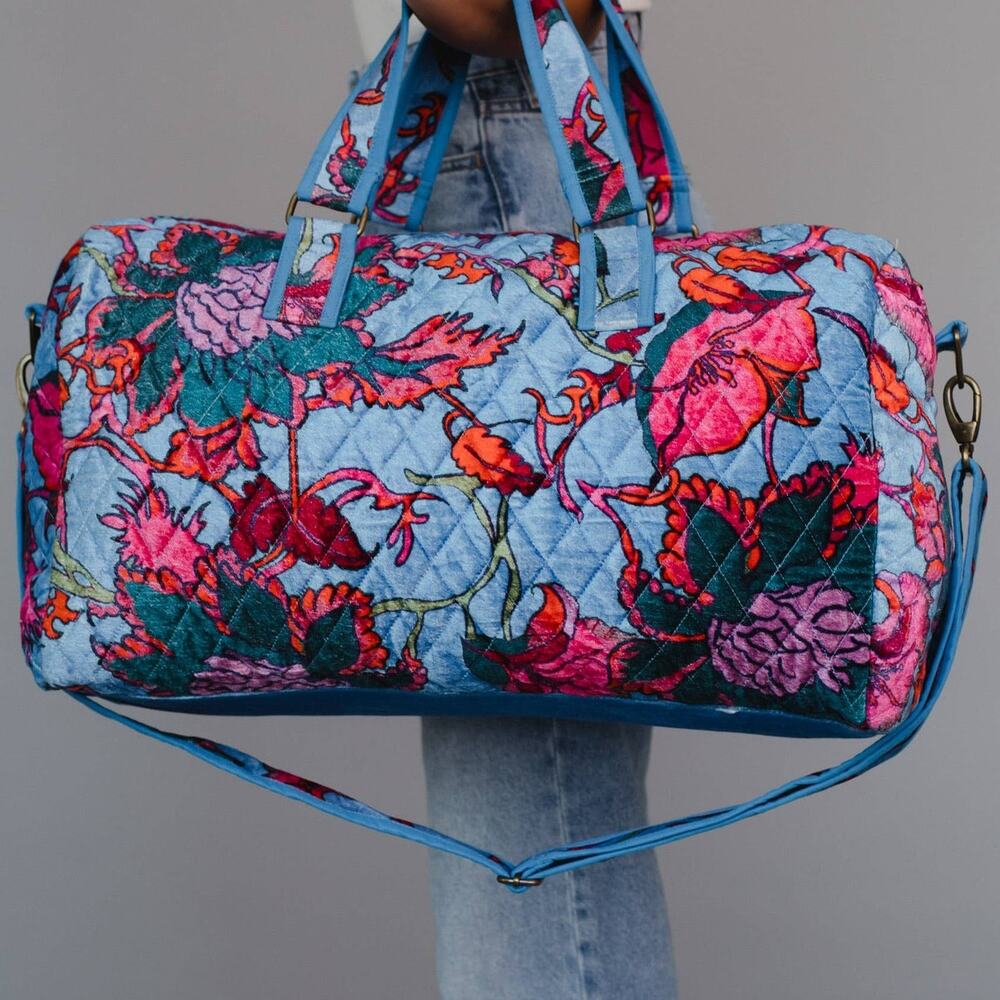 Bright Blue & Multicolored Velvet Floral Duffel Bag